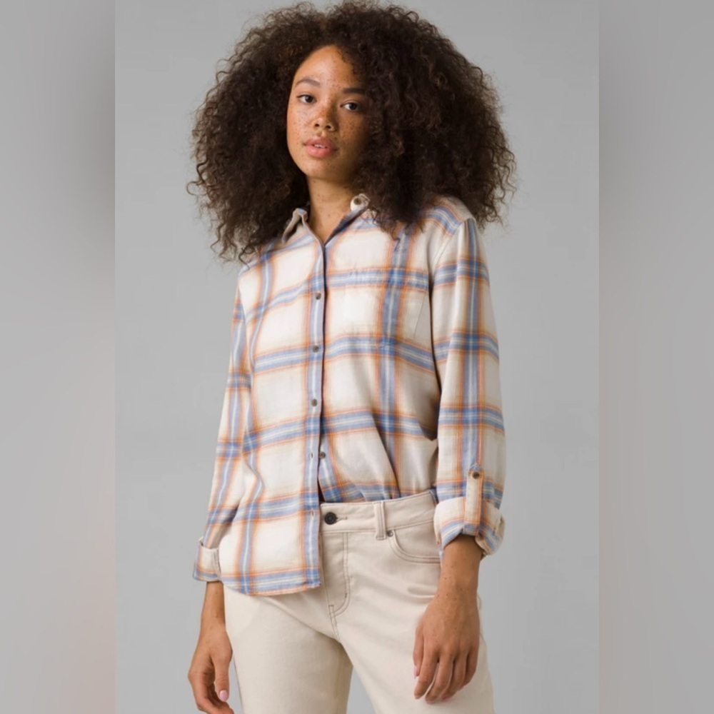 Prana Women’s Alfie Oatmeal Tan Flannel Roll Tab Sleeves Organic Cotton Sz XS